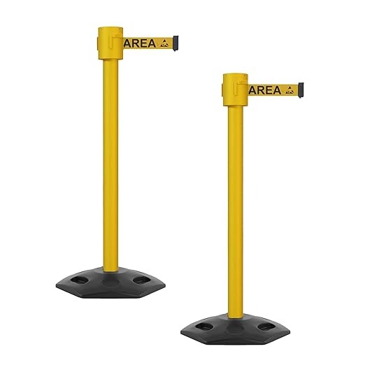 Montour Line MSR760 Set of 2 Retractable Belt Barrier Stanchion, Rubber Base, Yellow Post (35 ft Yellow with"ESD Protected Area" Black Letter ESD Logo Belt)