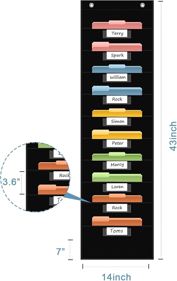 10 Pocket Hanging Wall File Organizer with 10 Nametag Pockets, File Pocket Chart for Classroom and Office. Perfectly Stores Assignments, Files, Scrapbooks, and Documents.
