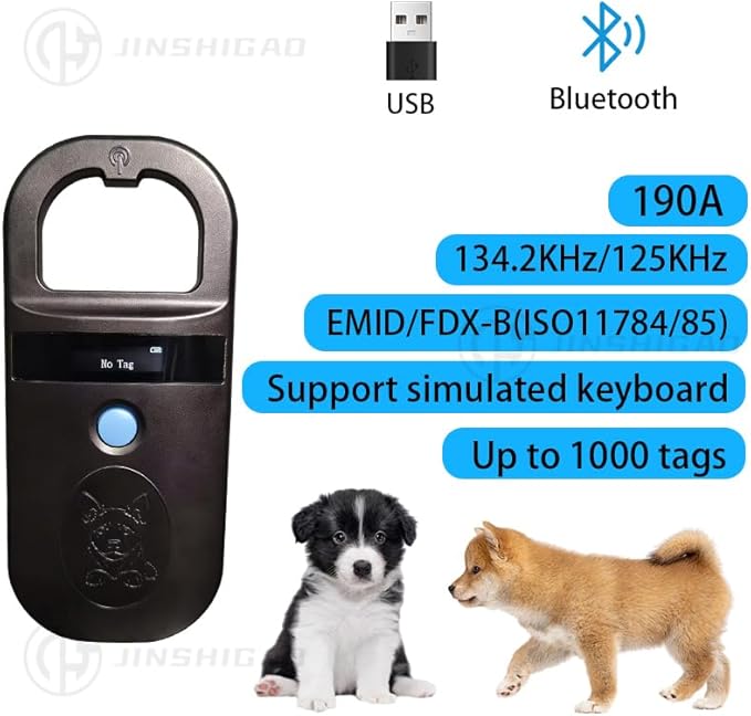 Pet ID Microchip Scanner 190A ISO11784/85/FDX-B/EMID AnimalHandheld Reader, 134.2kHz PetID Scanner Rechargeable Animal Chip Registration,for Dog/Cat/Pig/Animal