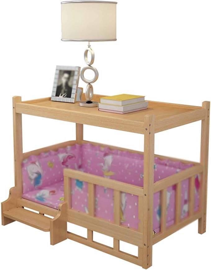XPLKQXE Dog Bed Wood Platform, Elevated Pet Cushion Bed, Animal Couch with Mattress, Dog Beds & Furniture Rest Cot, Portable Fence Bed Pet Up to 45kg/100lbs(Color:Pink,Size:60x45x65cm)