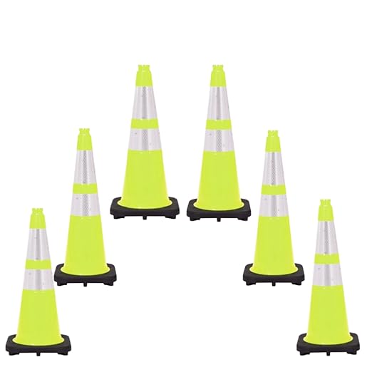 6 Pack 28" Inch Lime Traffic Safety Cones with Dual Reflective Collars - High Visibility Industrial Pylons Traffic Cones for Road, Parking Lots, Driving, Construction