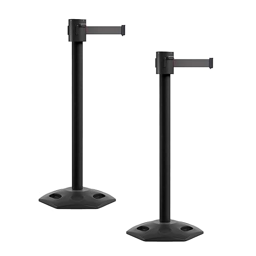 Montour Line MSR760 Set of 2 Retractable Belt Barrier Stanchion, Rubber Base, Black Powder Coated Post (35 ft Dark Grey Belt)