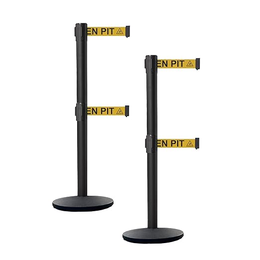Crowd Control Warehouse CCW Set of 2 Dual Retractable Belt Barrier Stanchion, Cast Iron Base Black Post, IRBB-100D (11 Belt, Yellow with"Beware Open Pit" Black Letters Belt)