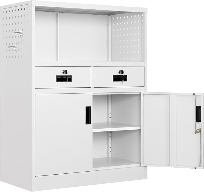Yizosh Locking Cabinet with 2 Drawers, Metal Storage Cabinet with Locking Doors and Shelves - 41.3" Steel Lockable Storage Cabinet, Metal Cabinet for Home Office, Garage, School (White)