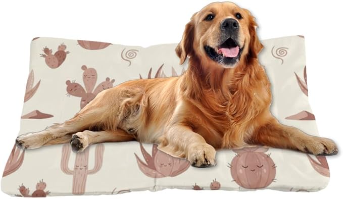 Beige Brown Cute Cactus Dog Beds and Furniture Dog Bed Mat Bed Pads Washable Beds for Crates Washable Non-Slip Crate Small Size Mat and Furniture Indoor Outdoor 36X24 Inch