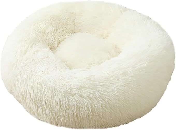 Calming Faux Fur Dog Beds Calming Donut Cuddler Dog Bed Washable Round Cat Bed Pillow Cuddler Fluffy Indoor Dog Calming Beds with Anti Slip Bottom Solid Color White 27 Inch