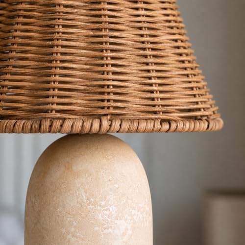 14" Small Mini Wicker Table Lamp – Handmade Ceramic Base with Rattan Shade, Dimmable Nightstand or Accent Light for Nursey, Kitchen Counter, Small Spaces, Bookshelf, Nightstand – Boho Decor