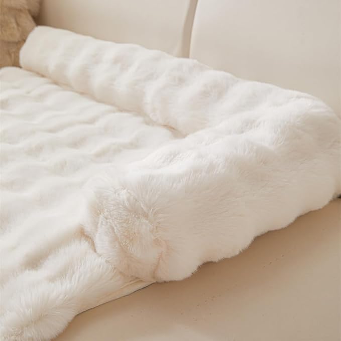 Calming Dog Bed Mat, Fluffy Fuzzy Couch Cover for Sofa, Winter Thickened Pet Mat with Anti-Slip Bottom Warm Soft Cushion Washable Pet Bed for Small Dogs and Cats (White, 75x75cm/29.5x29.5in)