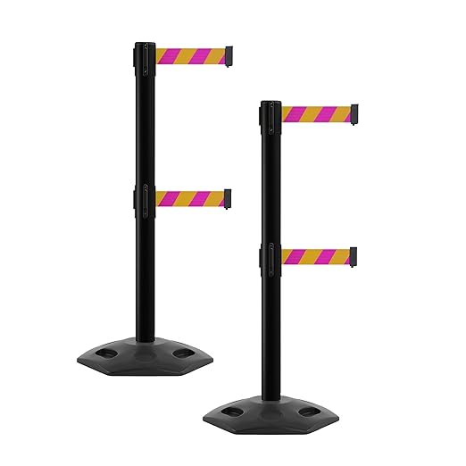 CCW Series WBB-200D - Set of 2 Retractable Dual Belt Barrier Stanchion, Heavy Duty Rubber Base, Black Post (9 Foot Belt, Magenta and Yellow Diagonal Belt)