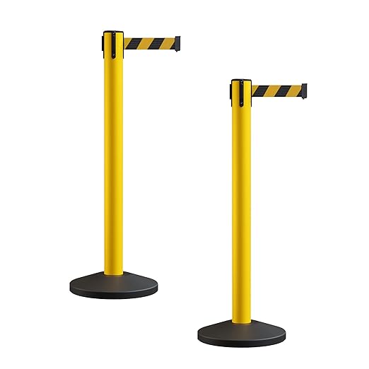 Crowd Control Warehouse CCW Series RBB-150 - Set of 2 Stanchion Retractable Belt Barriers - 16 Foot, Black & Yellow Diagonal Belt with Yellow Post - Easy Assembly