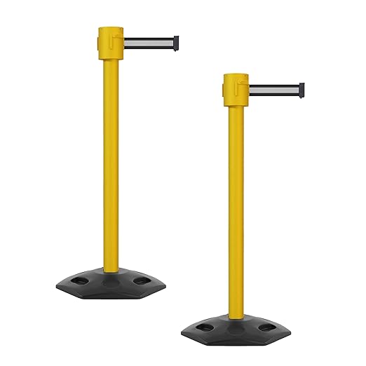 Montour Line MSR760 Set of 2 Retractable Belt Barrier Stanchion, Rubber Base, Yellow Post (35 ft Black with White Horizontal Stripe Belt)