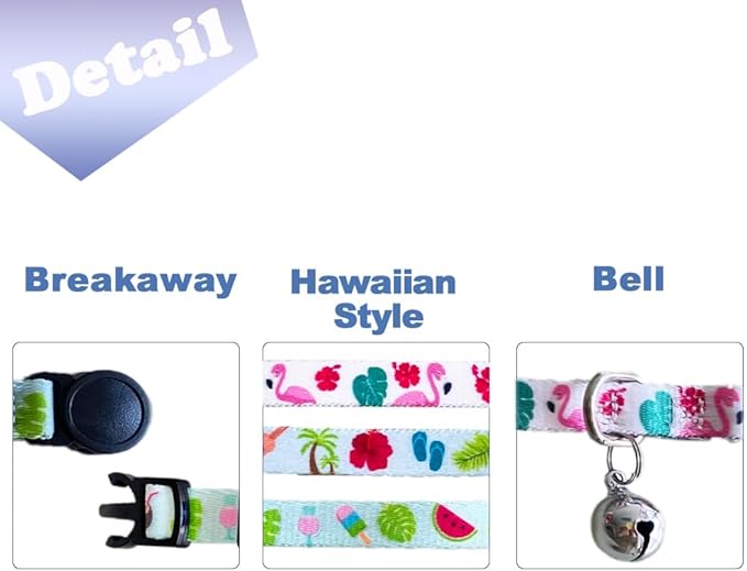 3 Pack Hawaiian Breakaway Cat Collar with Removable Cute Bow Tie and Bell Adjustable Safety Buckle Fruit Flamingos Hawaiian Styles