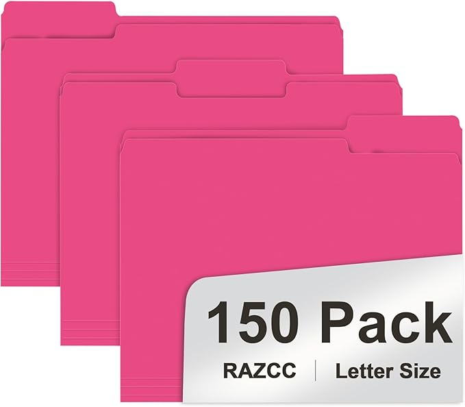 File Folder, RAZCC 150 Pack 1/3 Cut Tab File Folders Letter Size, Magenta, Folders with Tab, Great for Organizing and Easy File Storage