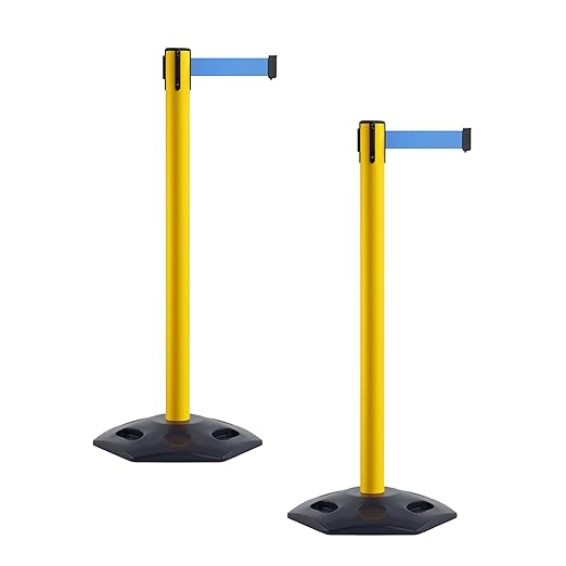 CCW Series WBB-200 Set of 2 Outdoor Safety Rubber Base Stanchion Retractable Belt Barriers - Easy to Assemble, No Tools Required (11 Foot Belt, Light Blue Belt with Yellow Post)