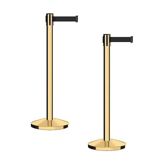CCW Series RBB-100 - Set of 2 Stanchion Retractable Belt Barriers (7.5 Foot Belt, Black Belt with Polished Brass Post)