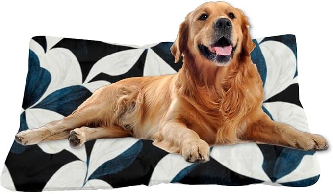 Modern Navy White Graphic Floral Dog Beds Furniture Dog Crate Mat Kennel Pads for Crates Washable Crate Bed Washable Non-Slip Cushion Bed Medium Mat Pet Cushion Indoor Outdoor 24X18 Inch