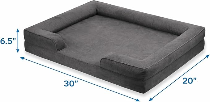 Gray Corduroy Orthopedic Dog Bed with Bolster – Memory Foam, Washable Removable Cover, Non-Slip Bottom (Medium)