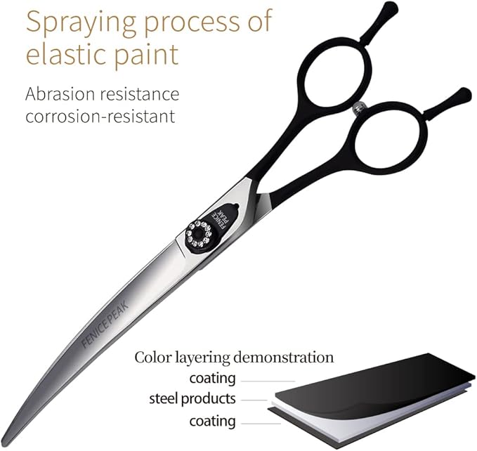 Fenice Peak 7.5'' Professional Dog Grooming Scissors Set with Black Non-Slip Handle 440C Stainless Steel Straight Thinning Curved Chunker Shears 4pcs Set for Pet Grooming Services