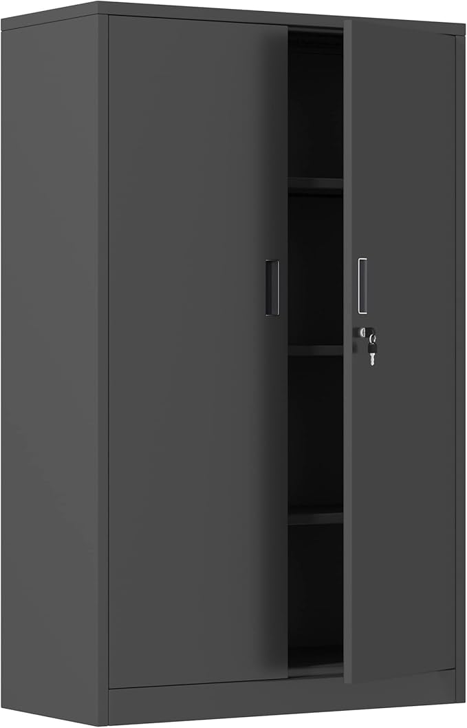 Metal Storage Cabinet with Locking Doors and 3 Adjustable Shelves, 53.5-Inch Lockable Storage Cabinets for Home Office Garage Kitchen Pantry (Black)