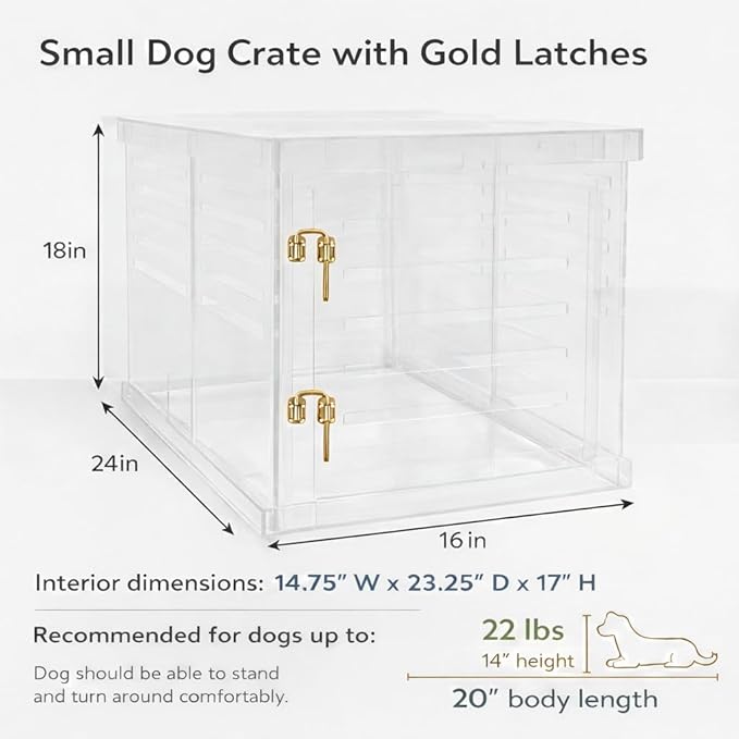 Clear Acrylic Small Dog Crate Furniture with Linen Cushion for Small Dogs up to 22 lbs, 3 in 1 Pet Crate and Gate, Modern Furniture Style Indoor Kennel, Dual Gold Latch, 16 x 24 x 18 in