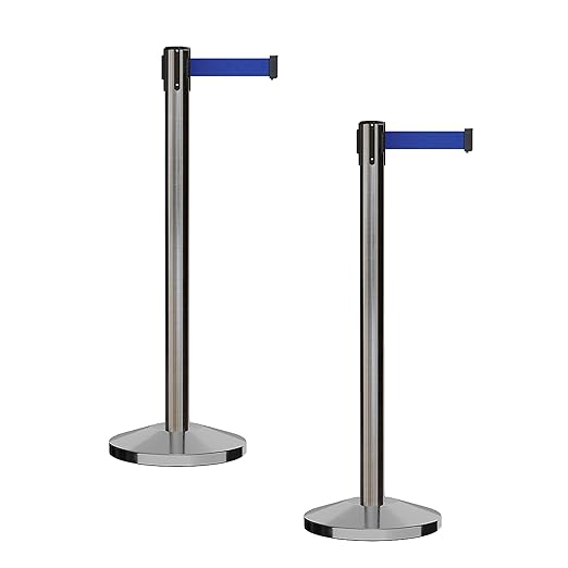 CCW Series RBB-100 - Set of 2 Stanchion Retractable Belt Barriers (11 Foot Belt, Dark Blue Belt with Satin Stainless Steel Post)