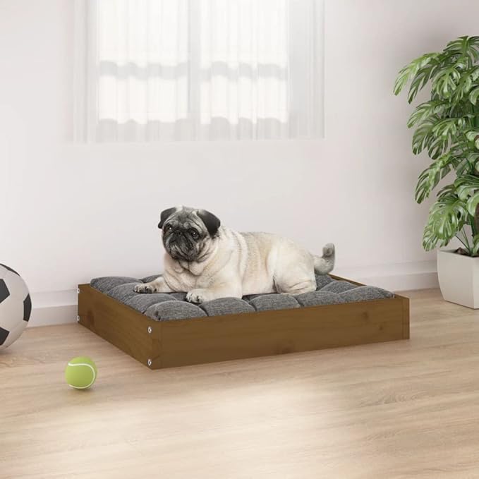 Solid Pine Wood Dog Bed for Small Breeds, Honey Brown Durable Pet Bed with Easy Assembly and Comfortable Mattress, 24.2x19.3x3.5 Inches Indoor Furniture for Beagles Dachshunds