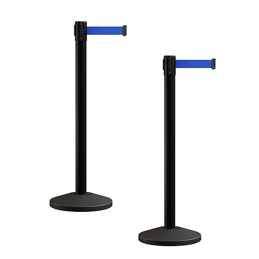 Crowd Control Warehouse CCW Series RBB-100 - Set of 2 Stanchion Retractable Belt Barriers - 7.5 Foot, Blue Belt with Black Post - Easy Assembly