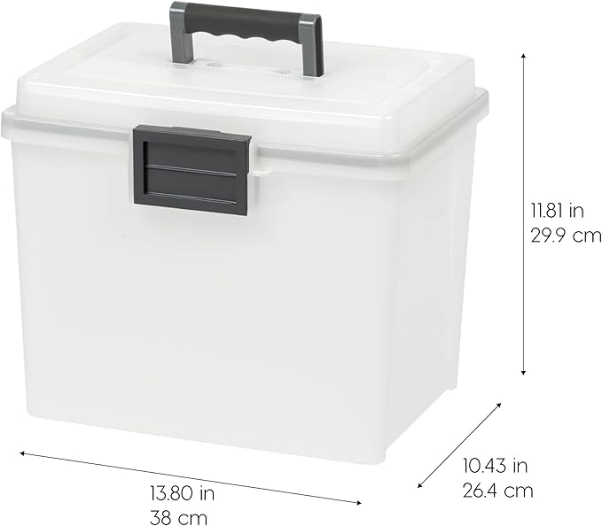 IRIS USA File Box WeatherPro Portable File Organizer Plastic File Box for Letter File w/ Organizer-Lid, Durable Lid and Seal w/ Secure Latching Buckles, Stackable and Nestable, Pearl 19 Qt. 1 Pack