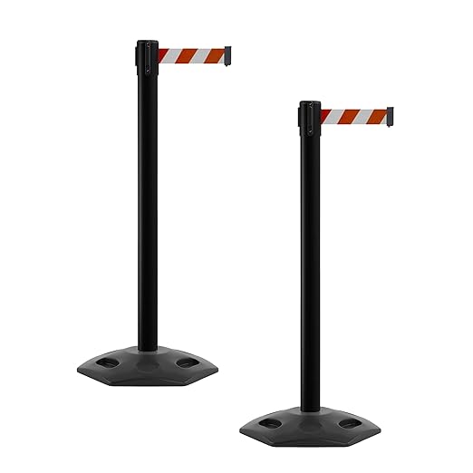 Crowd Control Warehouse CCW Series WBB-200 - Set of 2 Stanchion Retractable Belt Barriers - 11 Foot, Red and White Diagonal Belt with Black Post - Easy Assembly