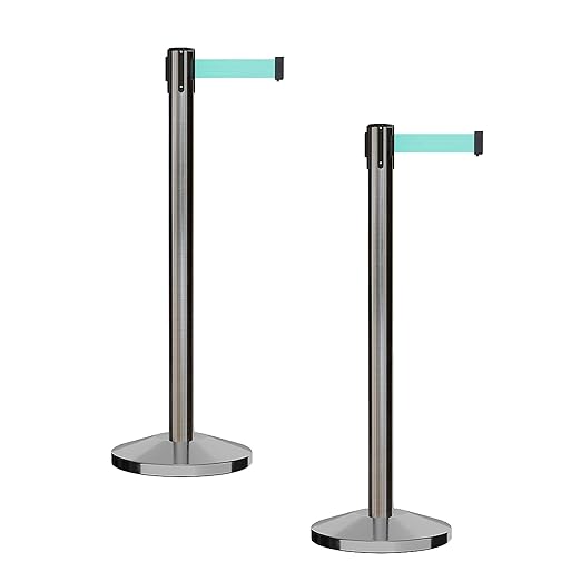 CCW Series RBB-100 - Set of 2 Stanchion Retractable Belt Barriers (9 Foot Belt, Light Green Belt with Satin Stainless Steel Post)