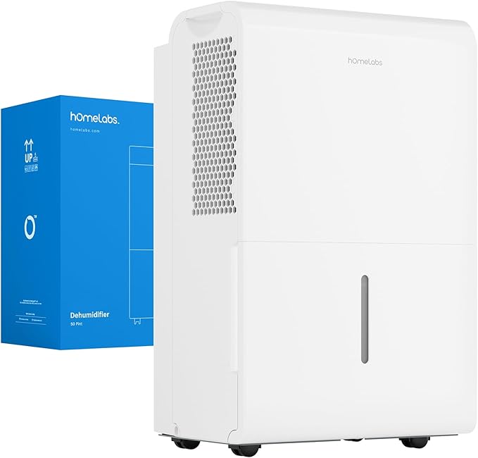 hOmeLabs Dehumidifier for Home, Office, Basements with Powerful Moisture Removal, Humidity Control, Auto Shut-off, Quiet Operation - 7,000 Sq Ft Wi-Fi (50 Pint MAX 120 Pint at 95°F, 90% RH)