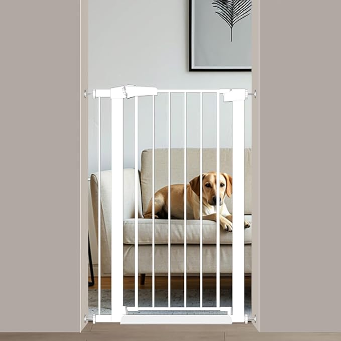 Fairy Baby Narrow Baby Gate 26.8 Inch to 29.5 Inch Wide, 38" Extra Tall Metal Safety Child Gate Auto Close Walk Through Pet Gates Pressure Mounted or Small Stairs and Doorways Indoor No Drill, White
