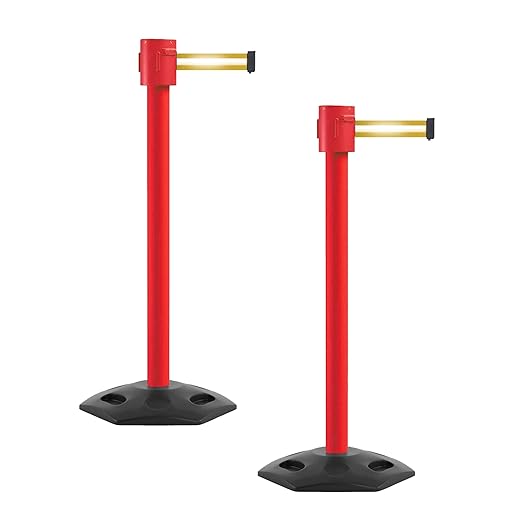 Montour Line MSR760 Set of 2 Retractable Belt Barrier Stanchion, Rubber Base, Red Post (35 ft Yellow with Horizontal Reflective Stripe Belt)