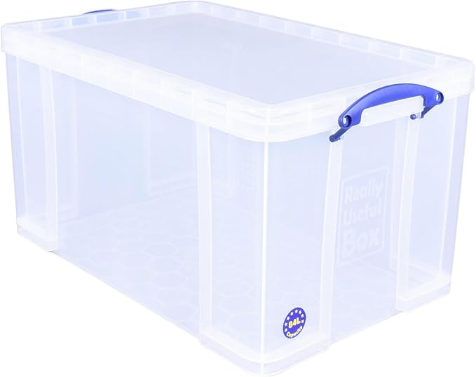 Really Useful Box 84 Liters Storage Container with Snap Lid and Clip Lock Handle for Lidded Home and Item Storage Bins, 4 Pack, Clear
