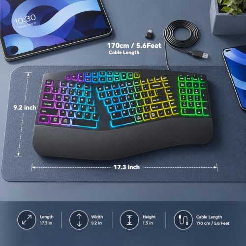 Wired Ergonomic Split Keyboard with RGB Backlight & Numpad, Black