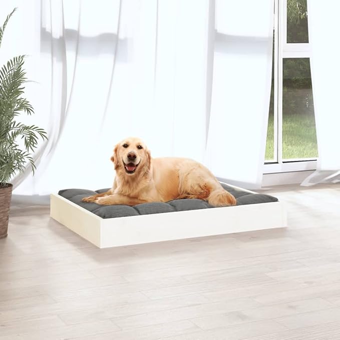 White Solid Pine Wood Dog Bed 28.1x21.3x3.5 Inch, Sturdy Raised Pet Bed for Small Medium Dogs, Rustic Minimalist Design Indoor Outdoor Use, Easy Assembly Wooden Frame Dog Sofa