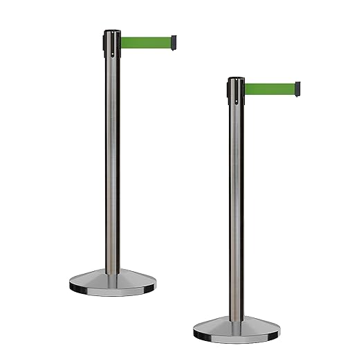 CCW Series RBB-100 - Set of 2 Stanchion Retractable Belt Barriers (7.5 Foot Belt, Green Belt with Satin Stainless Steel Post)