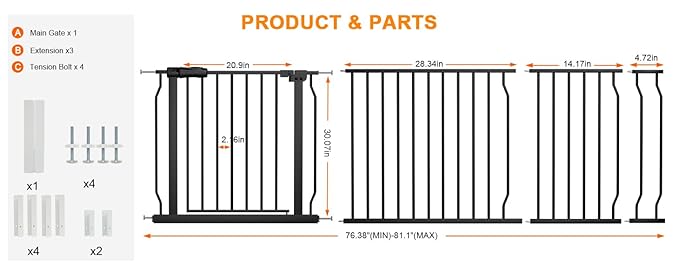 Extra Wide Baby Gate Extra Wide Extra Tall Dog Gates for Stairs Doorways Black Metal Tension Indoor Safety Gates with Pressure Mount 76.38-81.1 Inch