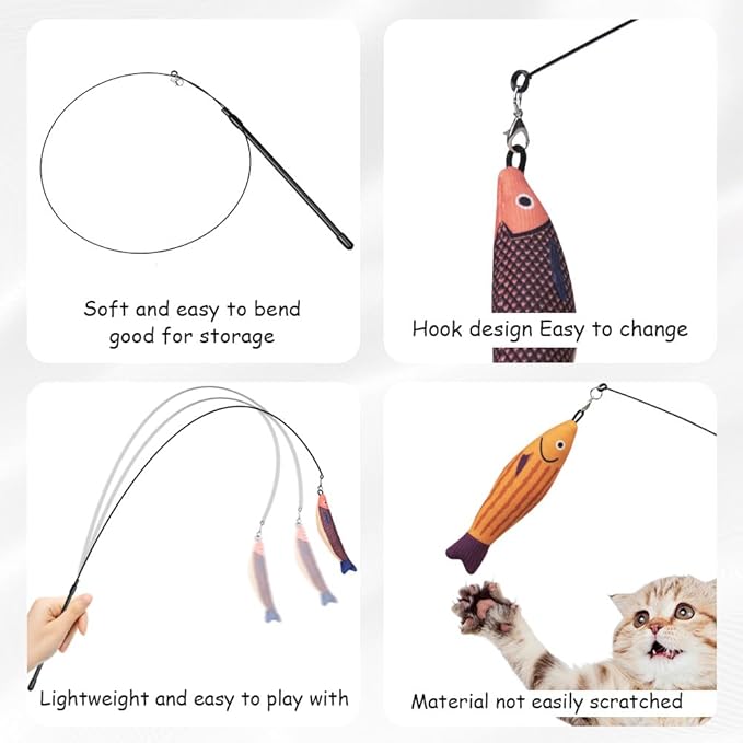PAZ'S GIFT Cat Wand Toys, Catnip Fish 3 Piece Catnip wzggle Sounding Toy, Soft and Durable, Interactive cat Kick Toys for Indoor Play