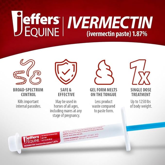 Jeffers Ivermectin Gel Dewormer for Horses - Apple Flavored, Broad Spectrum Dewormer Paste - Effective Parasite Control for Worms, Pinworms, Bots & More - Safe for Equine of All Ages- 6 Pack