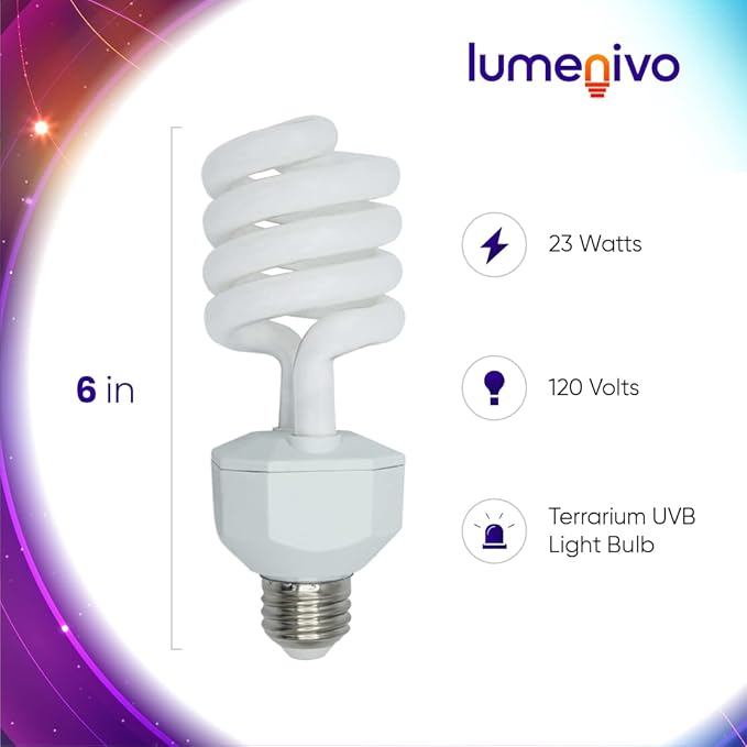 lumenivo 23 Watt UVB Reptile Light 5.0 23W Spiral Reptile Heat Terrarium Light Bulbs for Turtles, Gecko, Tortoise, Snake, Lizard, Chameleons, and Insects - 120V - 5 Pack