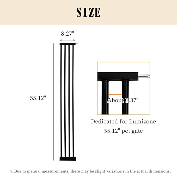Lumizone Extra Tall Pet Gate 55.12" High Pressure Mounted 8.27" Wide Extension kit 1.37" Gap (Black, 55.12" H× 8.27" W, Extension)