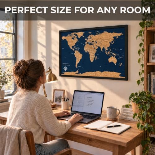 Large Push Pin World Travel Map – 30" x 20" Framed Cork Board Wall Art, Modern World Map with 200 Unique Pins for Tracking Adventures, A Premium Gift for Travelers, Couples and Families