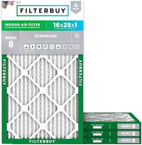 Filterbuy 16x25x1 MERV 8 Pleated HVAC Air Filters, 4-Pack