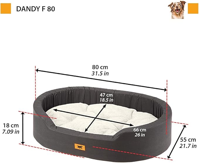 Ferplast Dog Bed Dandy, Removable, Washable Cushion, Cotton Cover and Peluce with Soft Padding, Bed for Medium Size Dogs, 80 x 55 xh 18 cm, Brown