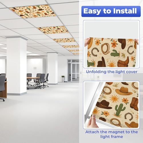 6-Pack Fluorescent Light Covers for Ceiling Lights Western Desert Cowboy Hats Boots Flowers Magnetic Light Filters Decorative for Classroom Office Hospital Home 4x2 Ft