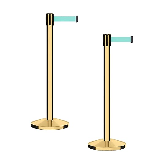 CCW Series RBB-100 - Set of 2 Stanchion Retractable Belt Barriers (7.5 Foot Belt, Light Green Belt with Polished Brass Post)