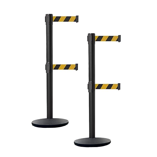 Crowd Control Warehouse CCW Set of 2 Dual Retractable Belt Barrier Stanchion, Cast Iron Base Black Post, IRBB-100D (9 Belt, Black and Yellow Diagonal Belt)