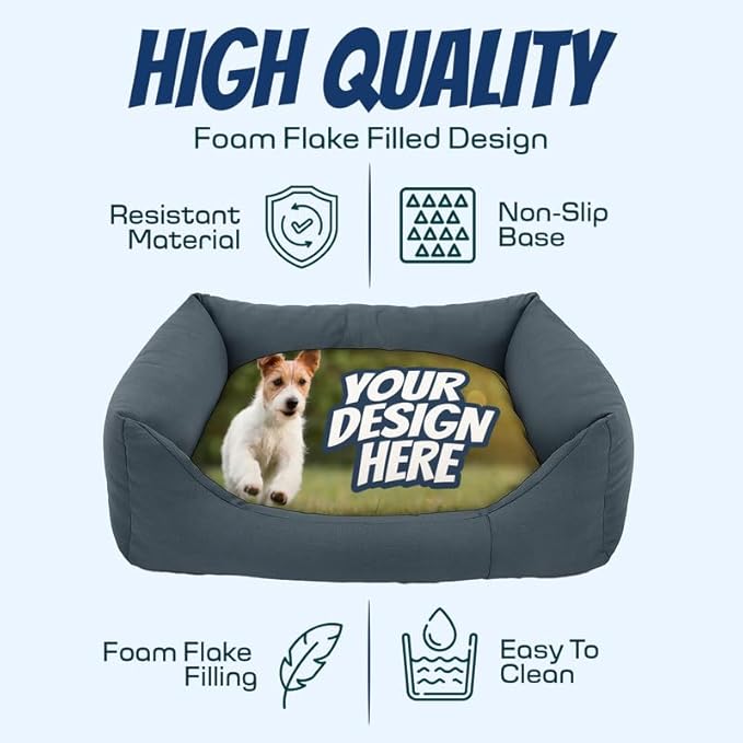 Ships Next Day, Made in USA - Custom Dog Bed – Dog/Puppy Bed w/Navy Blue Base - Personalized Pet Photo Upload - Indoor Use - Ideal Gift - Available in 3 Sizes (27.5x23.5 Inches)