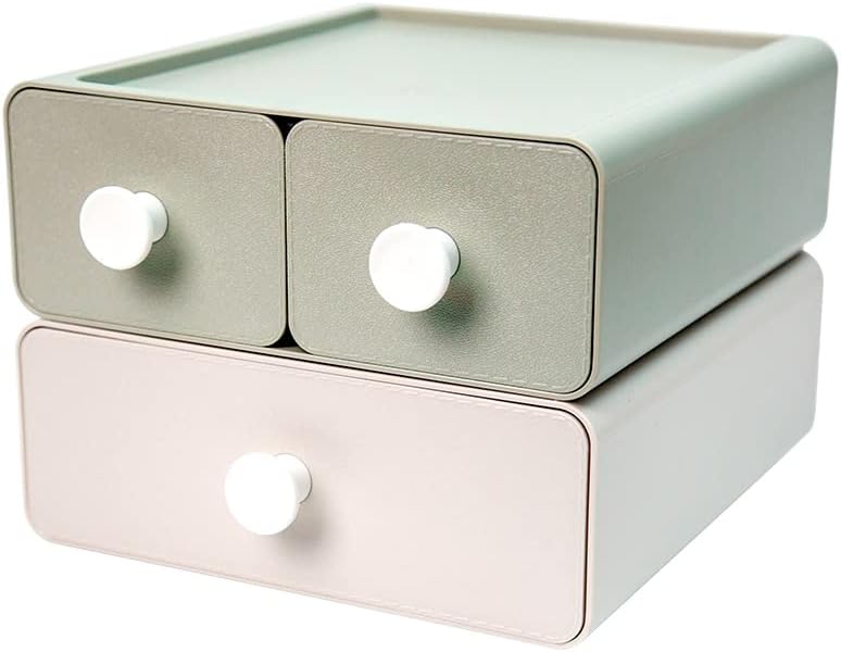 livinbox 2 PCS Stackable Plastic Desk Organizer, Drawer Type Desktop Storage Box, Cosmetics Makeup Stationery, Gel Pens, Pencils, Markers, Tape, Erasers, Paperclips, Chargers, MD-2012 (Beige&Green)